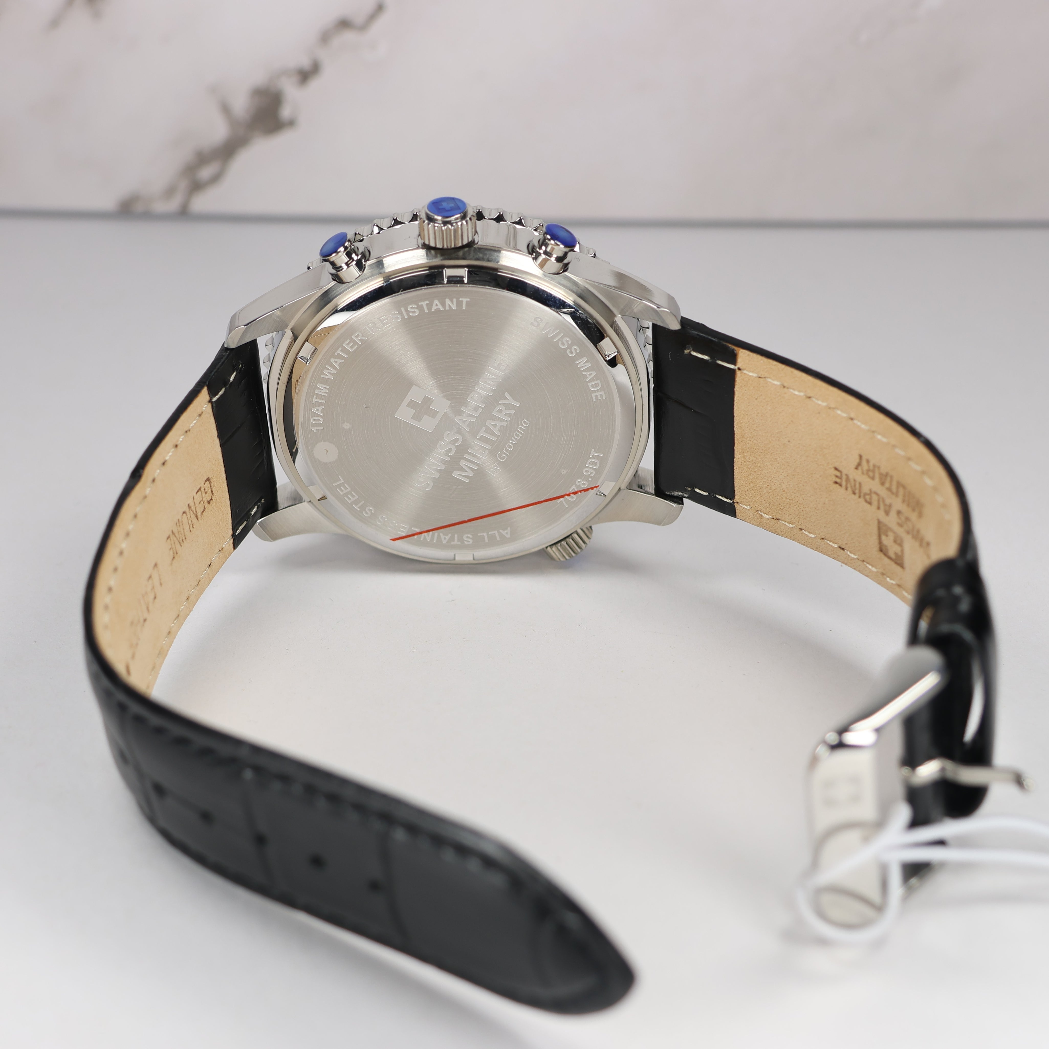 Swiss Alpine Military Men's Silver Dial Black Leather Chronograph Watch 7078.9538