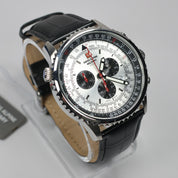 Swiss Alpine Military Men's Silver Dial Black Leather Chronograph Watch 7078.9538