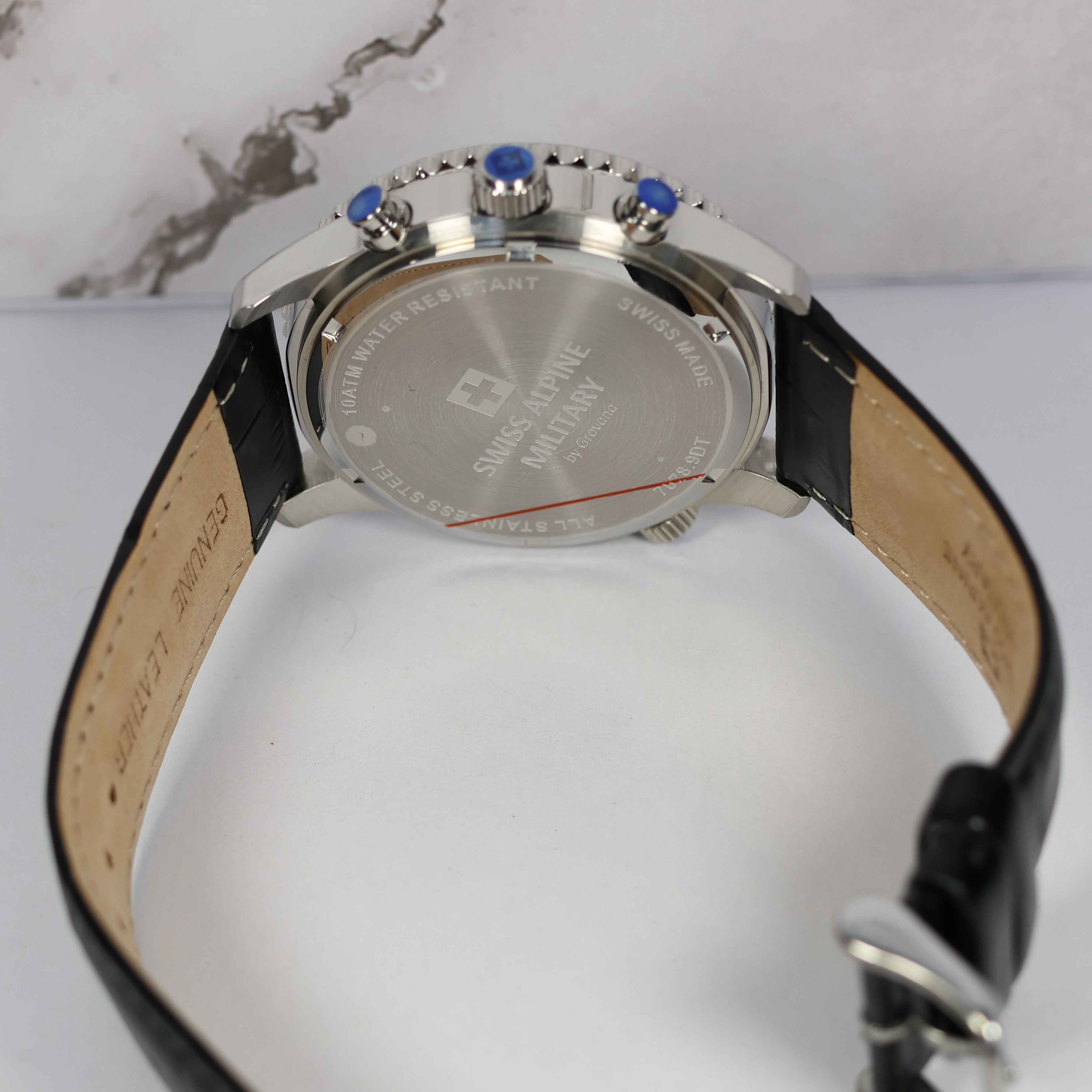 Swiss Alpine Military Men's Silver Dial Black Leather Chronograph Watch 7078.9538