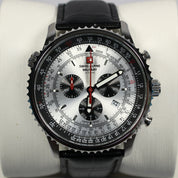 Swiss Alpine Military Men's Silver Dial Black Leather Chronograph Watch 7078.9538