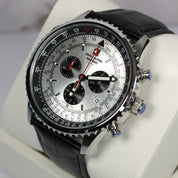 Swiss Alpine Military Men's Silver Dial Black Leather Chronograph Watch 7078.9538