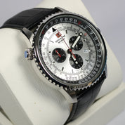 Swiss Alpine Military Men's Silver Dial Black Leather Chronograph Watch 7078.9538