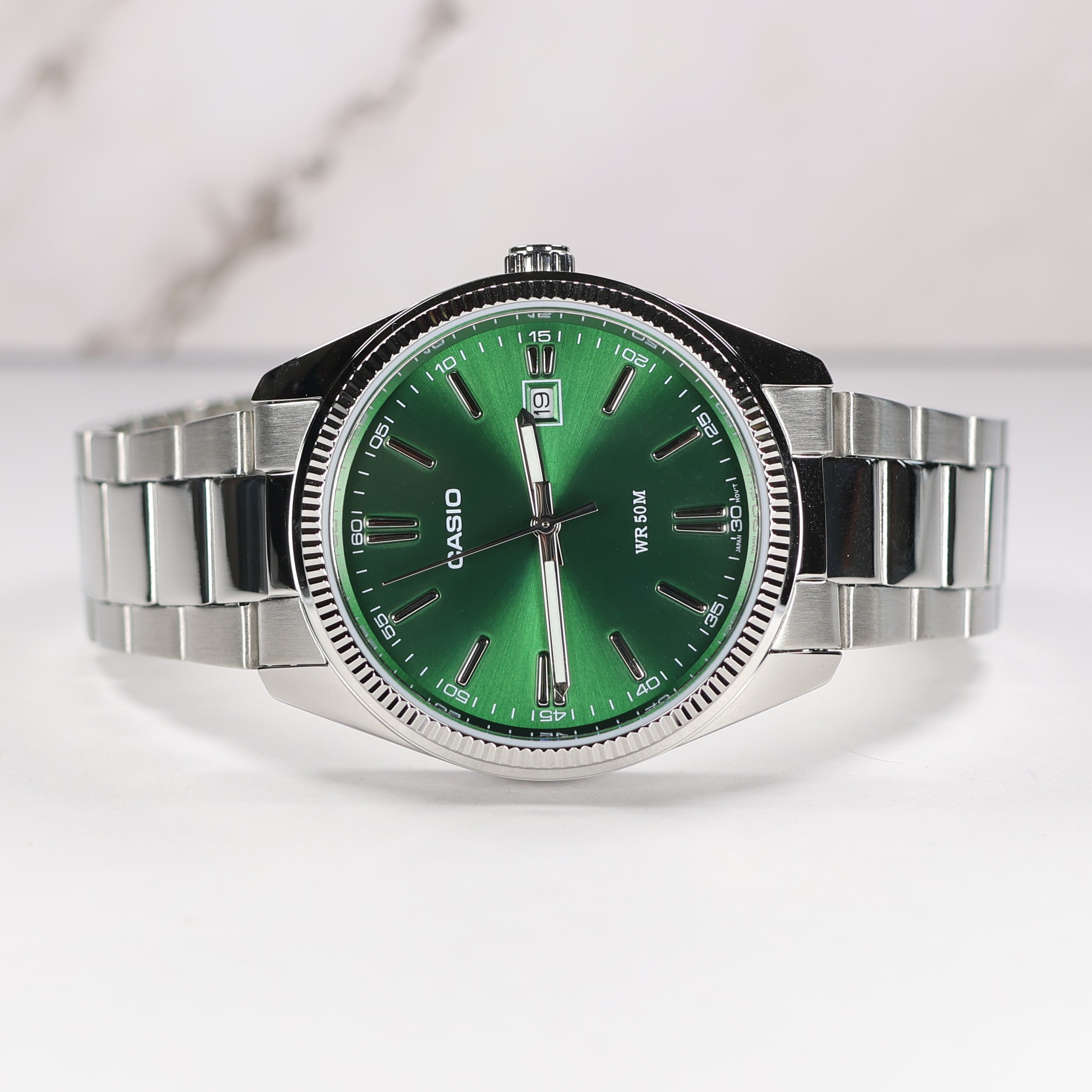 Casio Men's Vintage Green Dial Stainless Steel Quartz Watch MTP