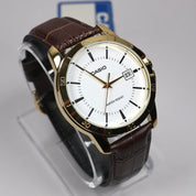 Casio Men's White Dial Brown Leather Quartz Watch MTP-V004GL-7A