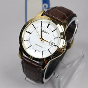 Casio Men's White Dial Brown Leather Quartz Watch MTP-V004GL-7A